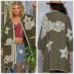 POL Olive Kimono with Lace Star Accents